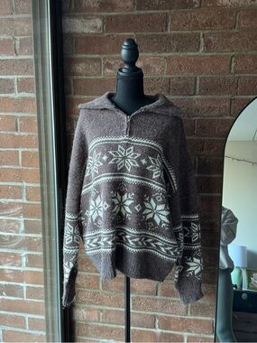 Cozy Fair Isle Half-Zip Sweater - Brown & Cream